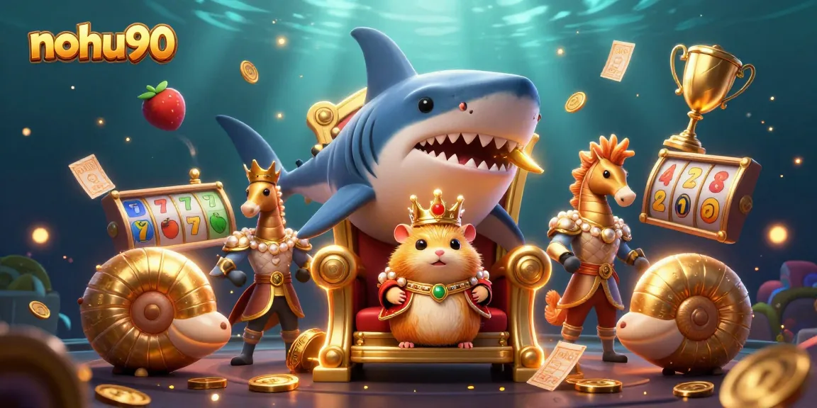 Nohu90 captivates with a vibrant 3D casino illustration featuring a golden hamster king amidst slot games and dynamic elements.