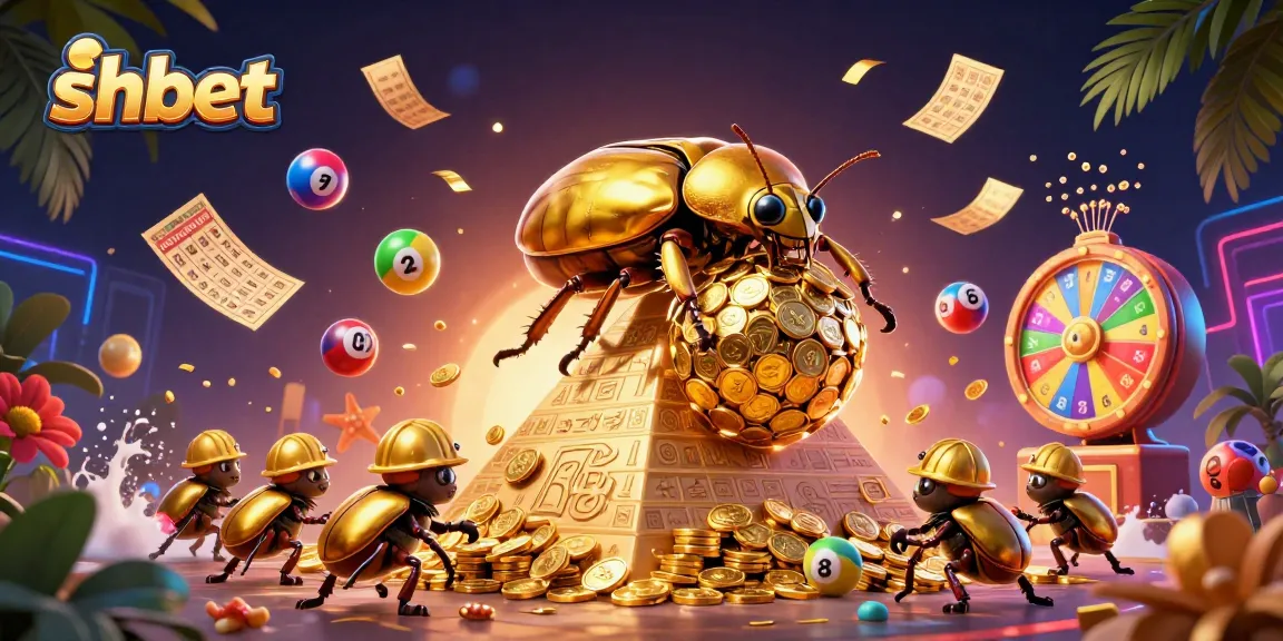 Experience the excitement of shbet with golden coins and dynamic lottery elements in a 3D casino-themed illustration.