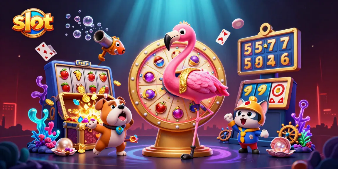 Experience thrilling slot action with dogs, flamingos, and vibrant prizes in a lively casino scene.