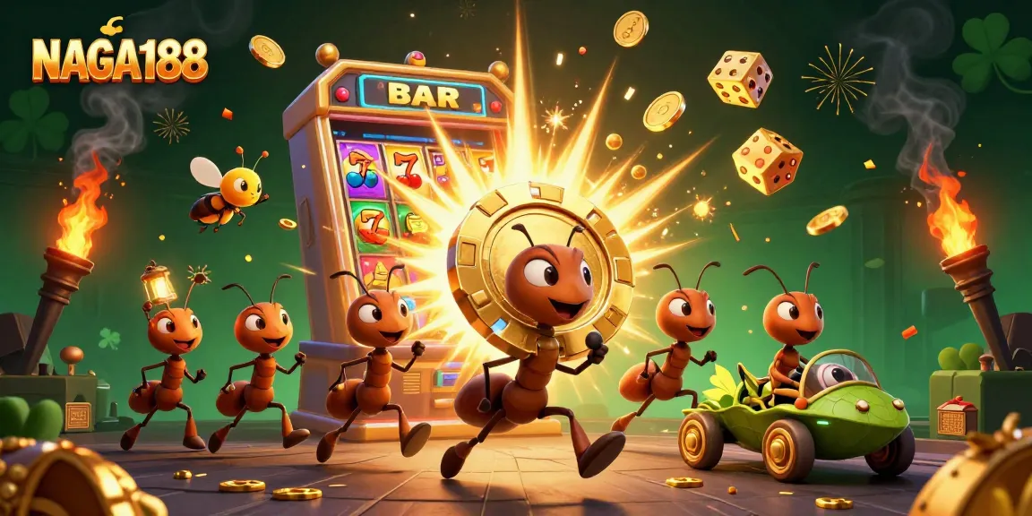 NAGA188 membawa chip poker emas dalam pencurian dinamis di kasino, dikelilingi slot dan simbol keberuntungan.