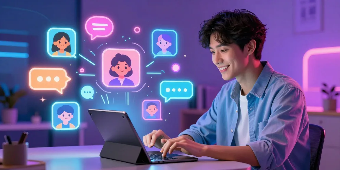 User engaging with Crushon AI on tablet amidst vibrant neon elements, showcasing interactive characters and conversation.
