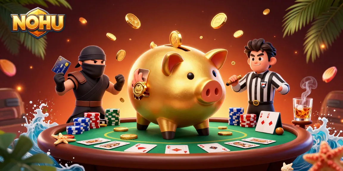 Engage in thrilling gameplay at NOHU with golden piggy bank characters and a colorful poker scene.
