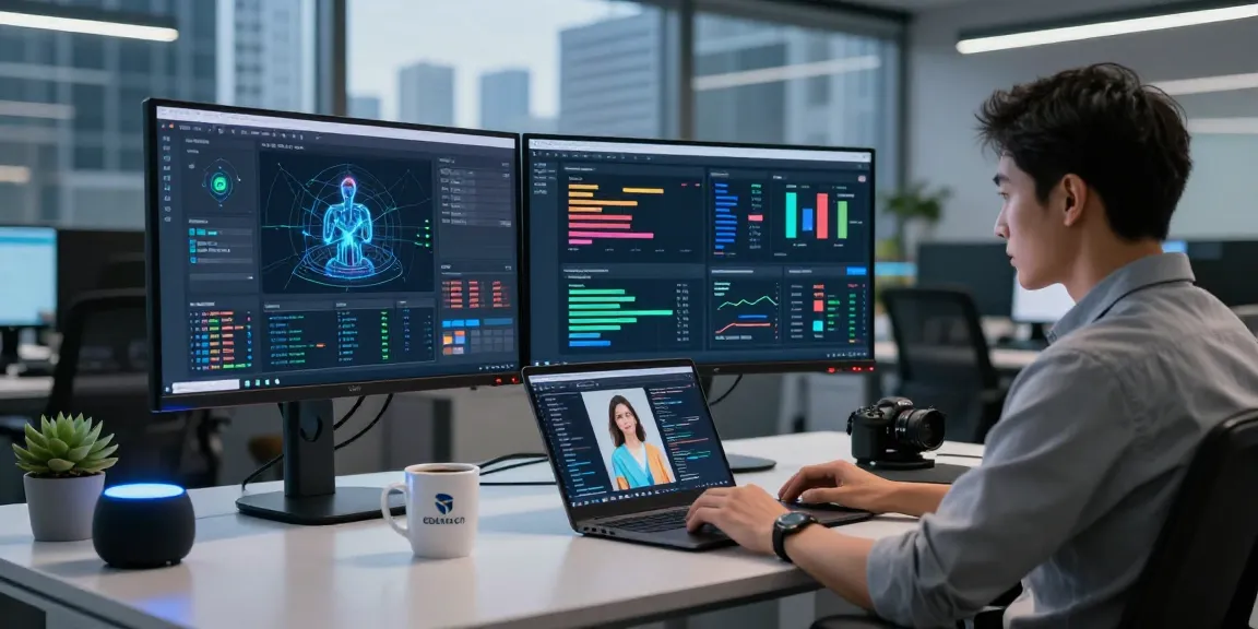 Dynamic tech workspace featuring an ai detector analyzing content moderation with advanced analytics.