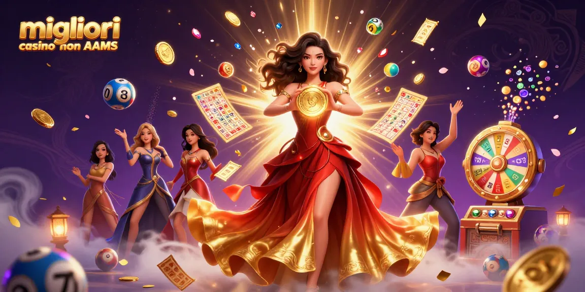 Migliori casino non AAMS con una splendida donna asiatica con una moneta d'oro, circondata da elementi vibranti della lotteria.