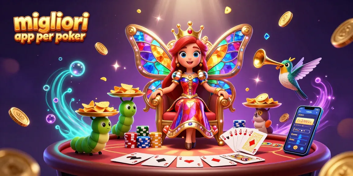 Scopri le migliori app per poker in un’illustrazione colorata e dettagliata, con regine delle farfalle e tavoli da poker.