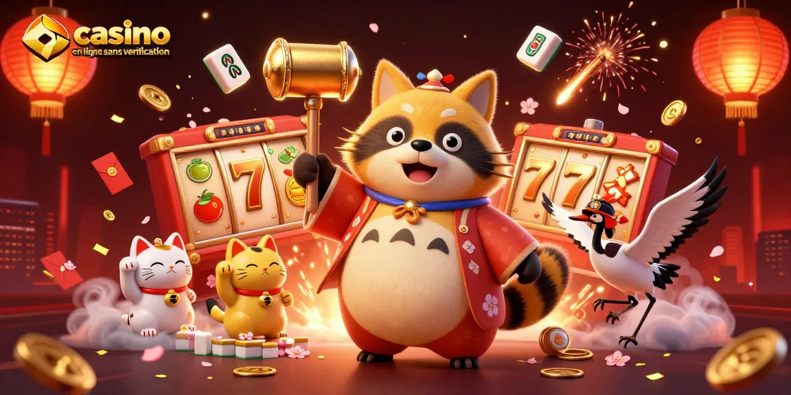 Plongez dans l'univers du casino en ligne sans vérification avec un tanuki chanceux, un héron samouraï et des chats maneki-neko vibrants.