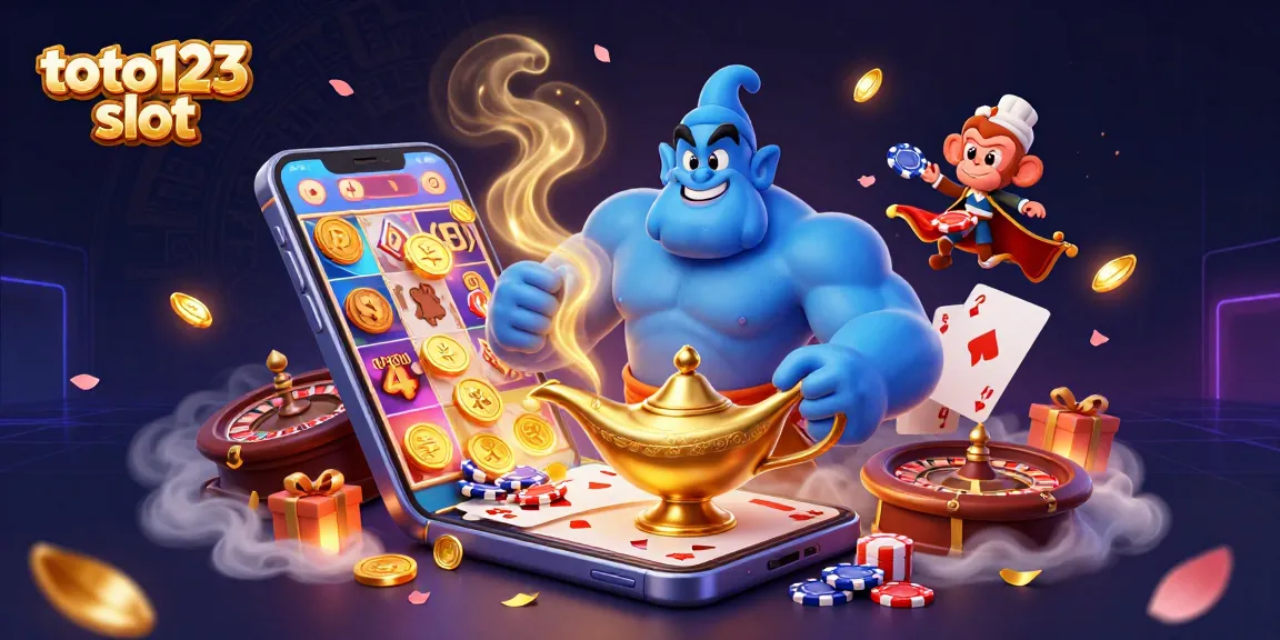 Engage with the thrilling action of toto123 slot as a genie emerges, surrounded by colorful gaming elements.