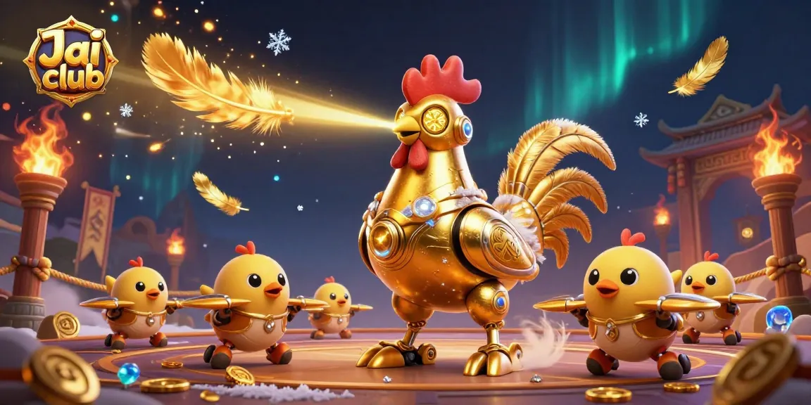 Experience thrilling action at Jai club with a retro-futuristic golden rooster robot and baby chick drones.