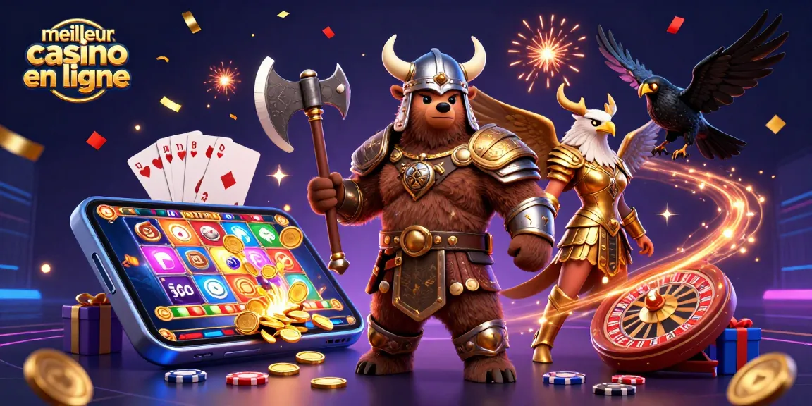 Visualisez le meilleur casino en ligne avec un ours viking, une aigle valkyrie et des éléments de jeu captivants.