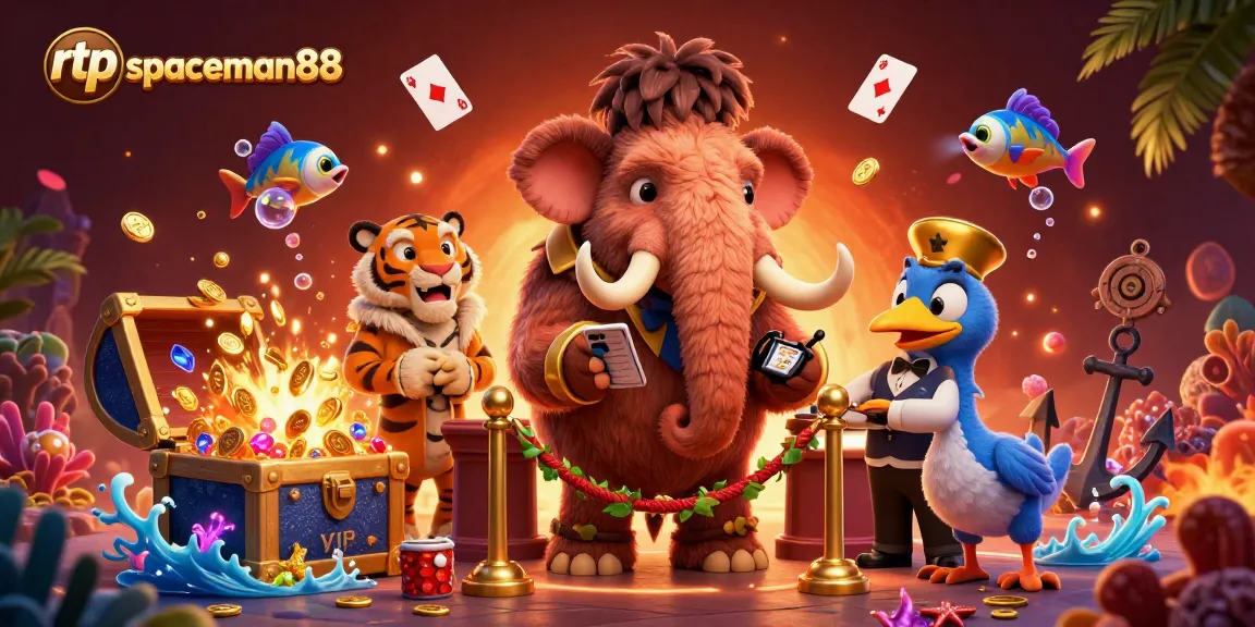 Join the excitement of rtp spaceman88 with a vibrant casino scene featuring a mammoth bouncer and treasure bursts.