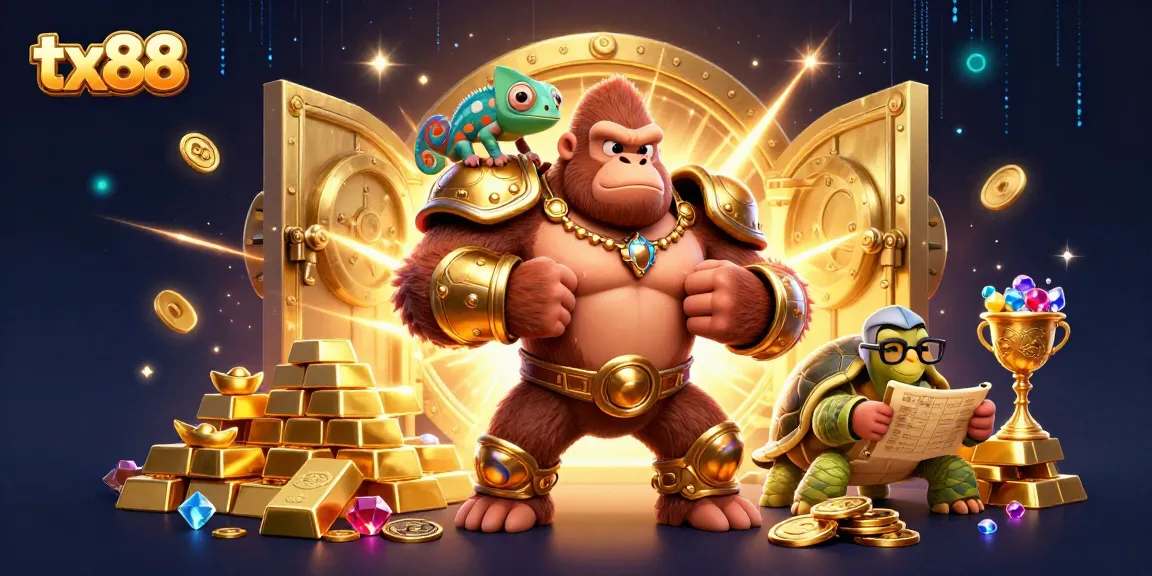 Experience thrilling gaming with tx88 featuring a gorilla in armor, a chameleon, and treasure.