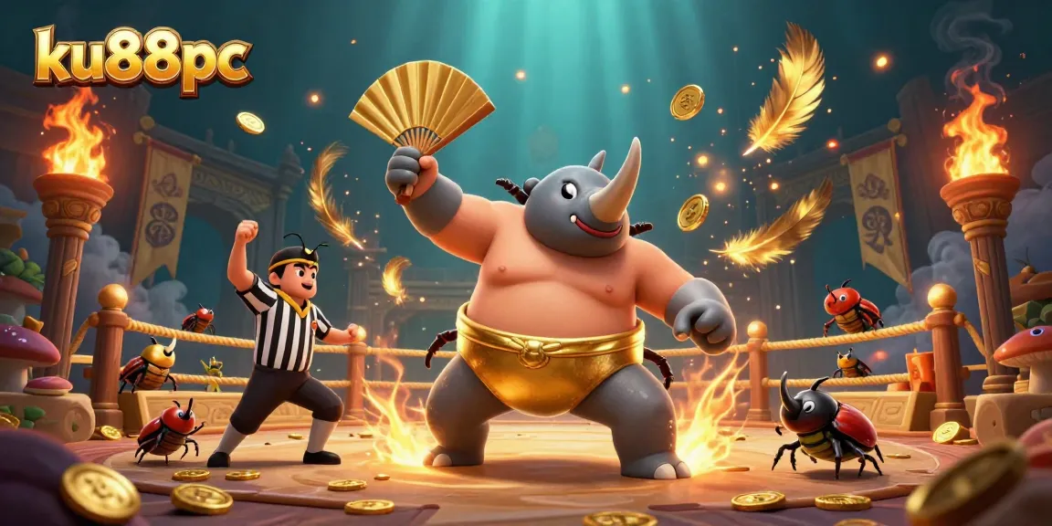 Experience the excitement of ku88pc with a sumo beetle champion amidst a vibrant casino scene.