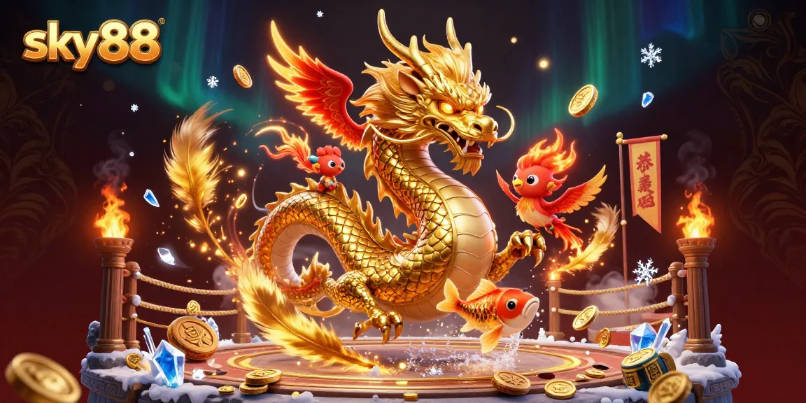 Engage with sky88's thrilling casino action in vibrant 3D illustration featuring a golden dragon and casino elements.
