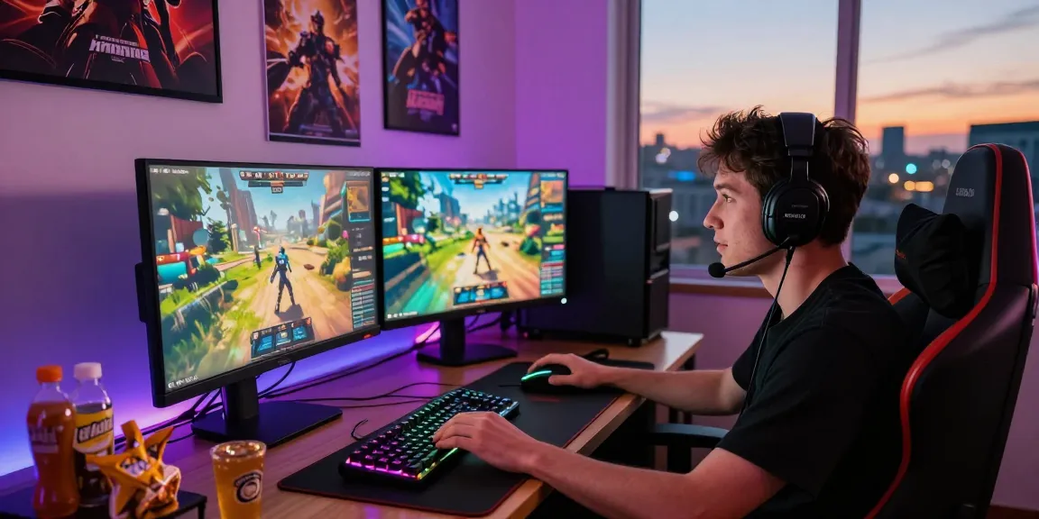 Gamer immersed in kecak4d gameplay with dual monitors, RGB keyboard, and gaming chair.