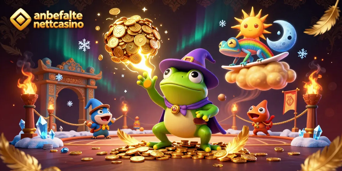 Spille på anbefalte nettcasino med magiske karakterer og gullmynter som regner ned fra himmelen.